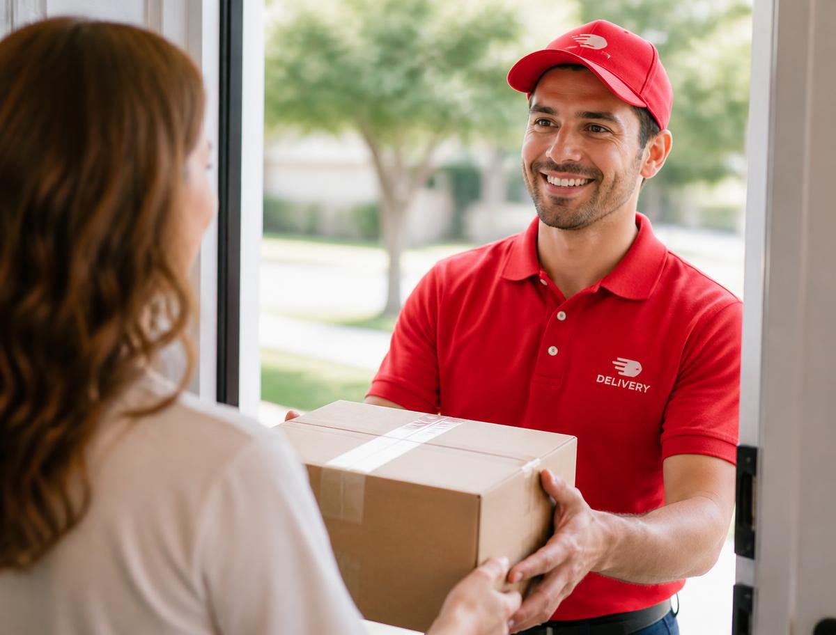 Courier handing a sealed cardboard box to a customer at their front door